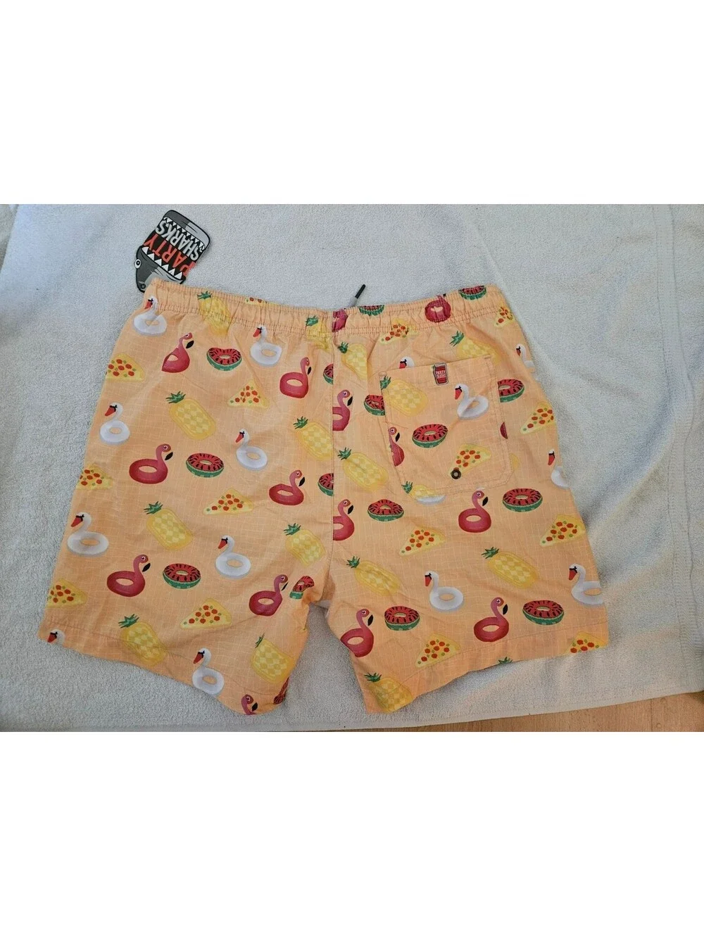 Party Sharks  Men’s XL Swim Board Trunks Orange Flamingo Pizza 6.5